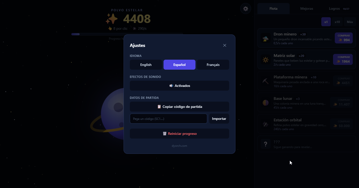Space Clicker — juego incremental de polvo estelar