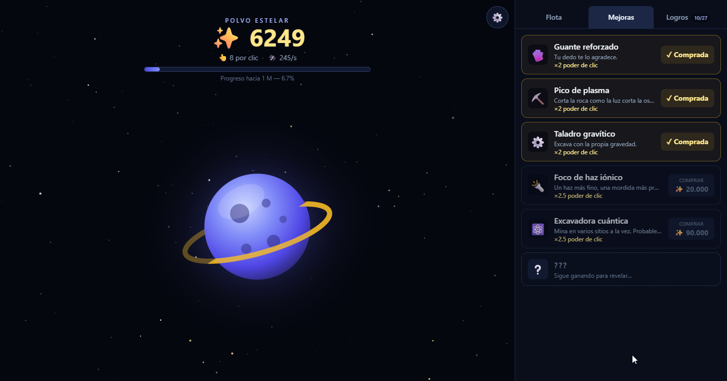 Space Clicker — juego incremental de polvo estelar
